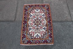 Vintage Hand Made Traditional Rug Oriental Wool White Blue Small Rug 87x59cm