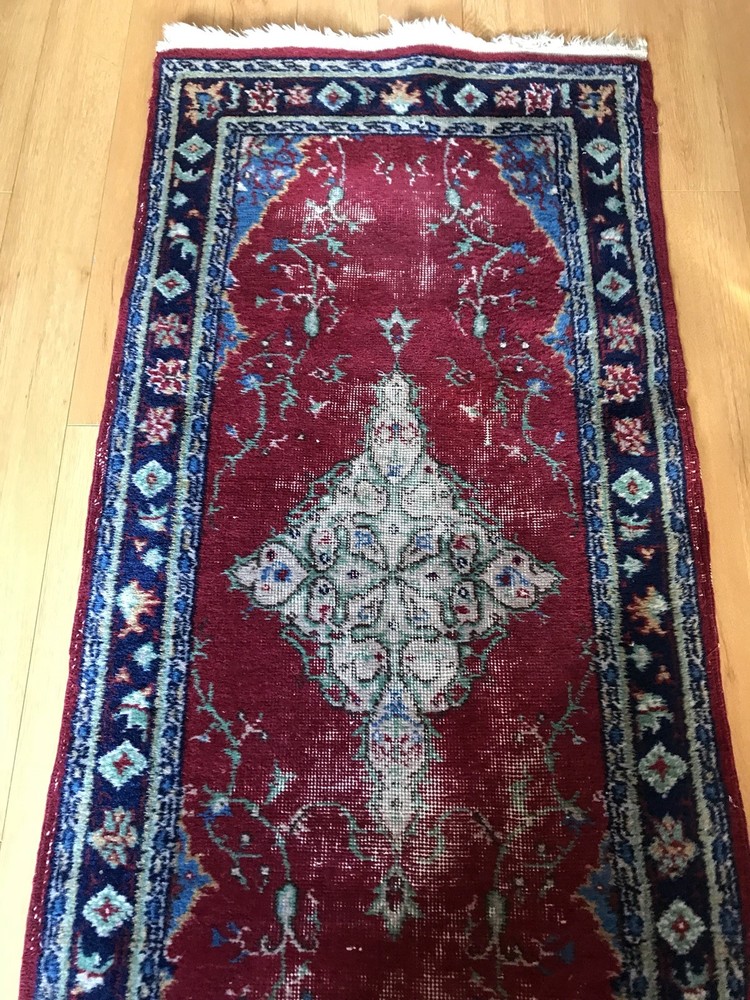 TRUE Vintage Antique Turkish ORIENTAL rug LONG RUNNER Hand Made RED Wool 3X18