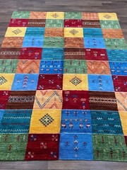 Handmade Nepalese Tibetan Area Rug, Quiltlike Checkerboard, Bright Colors 7’x9′