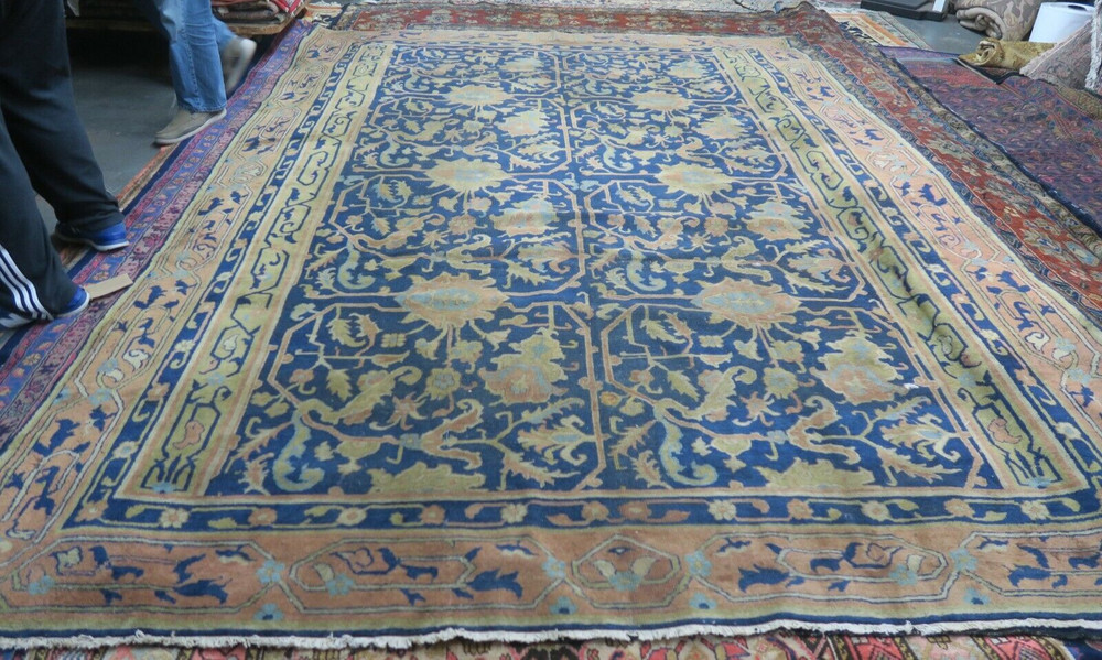 Antique Samarkand Rug 8'8x11'8 Hand Knotted Wool Blue Distressed Shabby Oushak