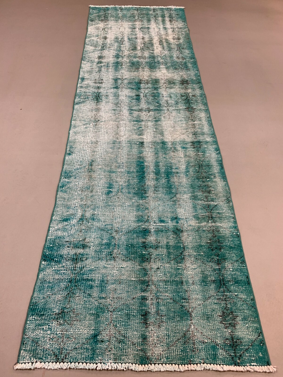 Distressed Turkish Narrow Runner 288x84 cm wool Vintage rug, Overdyed Green gallery