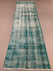 Distressed Turkish Narrow Runner 288×84 cm wool Vintage rug, Overdyed Green