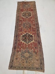 Antique Oriental Hand-Knotted Wool Runner Red/Blue/Beige 2’7″ x 7’3″