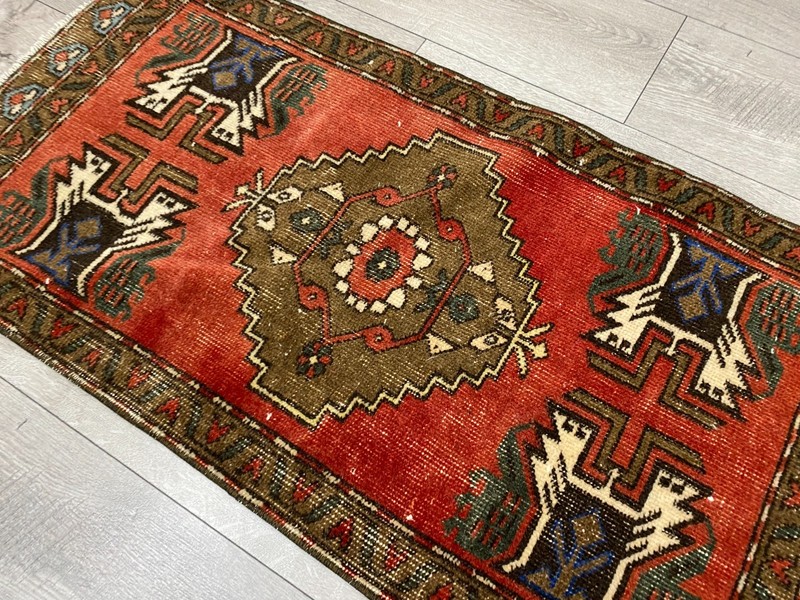 Vintage Turkish Tribal Rug 1.7x3.3 Ft Red Handwoven Anatolian Small Carpet gallery