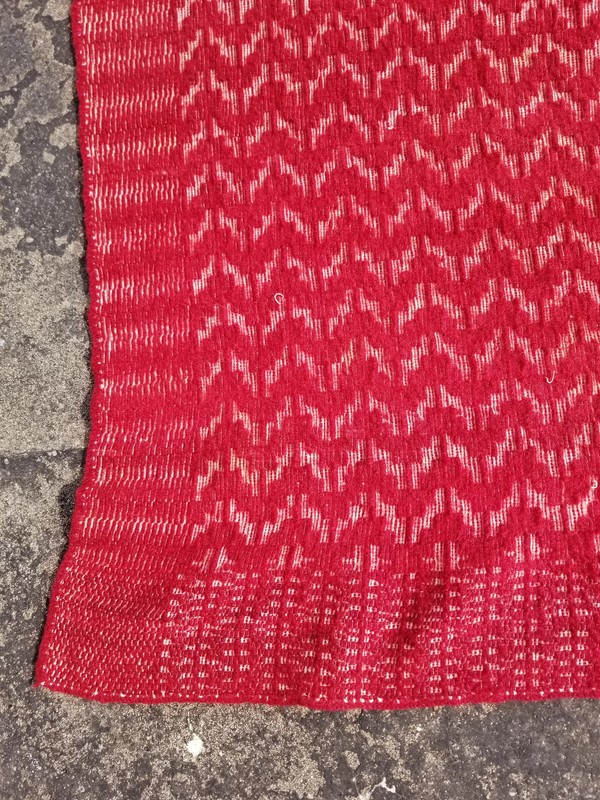 Vintage American Handmade Jacquard Loom Reversible Wool Red Blanket 6.6x4.5 ft gallery