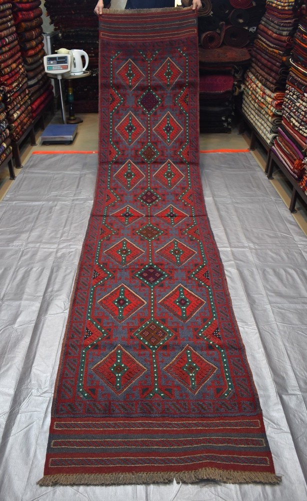 Antique Afghan Mushwani Runner Rug 2x11 Hand Knotted Wool Persian Style Hallway