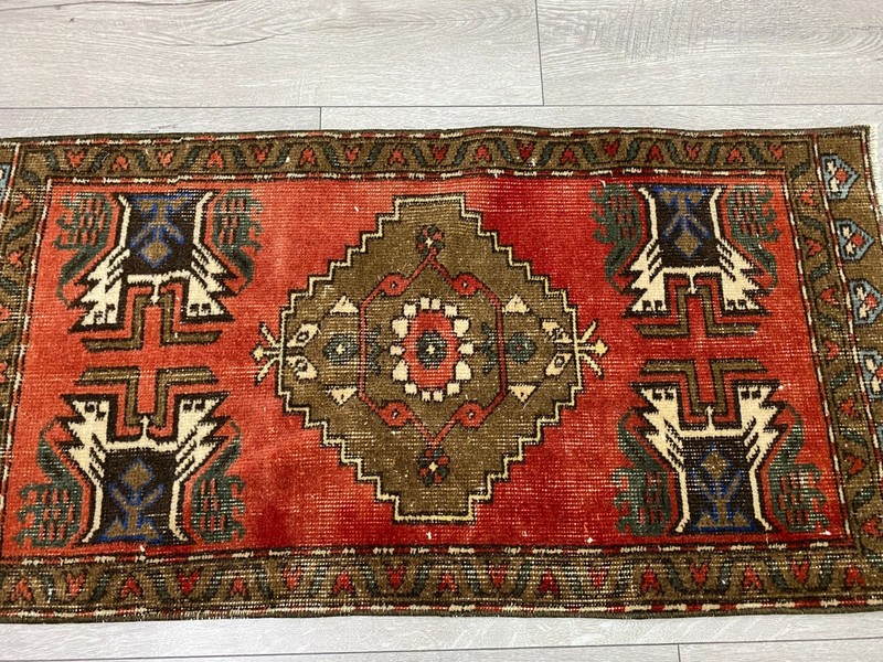 Vintage Turkish Tribal Rug 1.7x3.3 Ft Red Handwoven Anatolian Small Carpet gallery