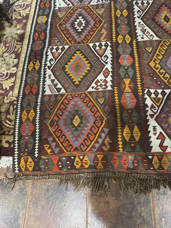 Turkish Handwoven Flat Weave Wool Kilim Rug Black Brown Cream Orange Blue gallery