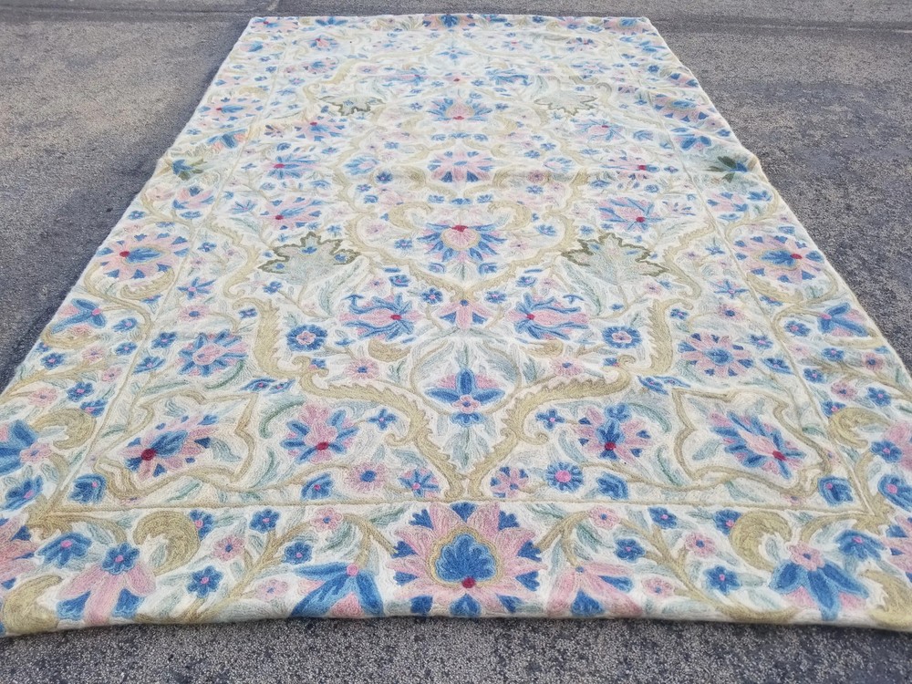 Vintage Traditional Handmade Kashmiri Chain Stitch Wool Blue Kilim 4.8x2.10ft