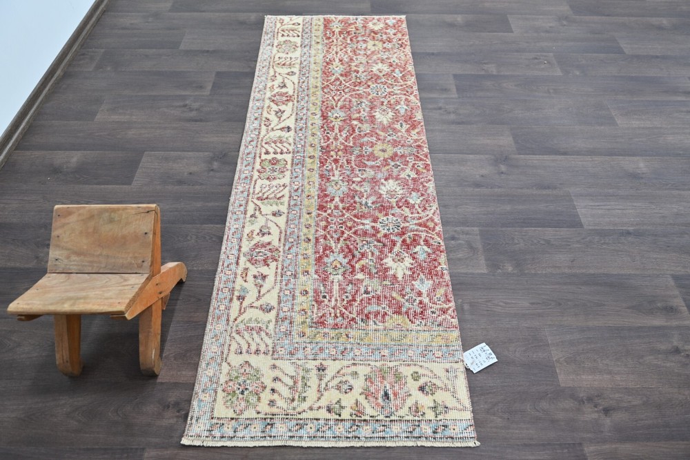 Vintage Turkish Runner Rug 2x6ft Wool Anatolian Handmade Hallway Oushak RED