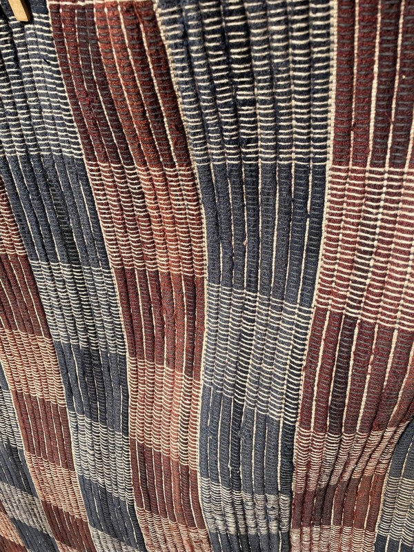 Antique American Wool Hand Woven Area Rug 63” x 37" Rust & Blue Criss Cross Loom gallery