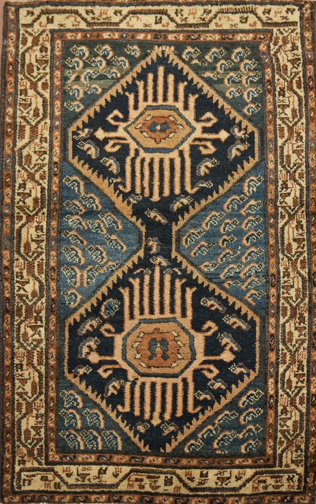 Hand-Knotted 3x5 Antique Accent Rug with Medallion Pattern in Blue Earth-Tone