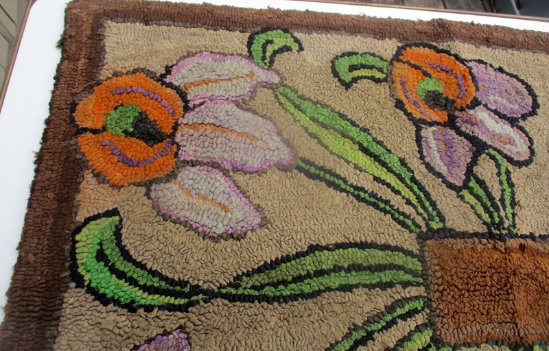 Antique American Hand HOOKED RUG IRIS WALL ART Hanging BOTANICAL FOLK ART gallery