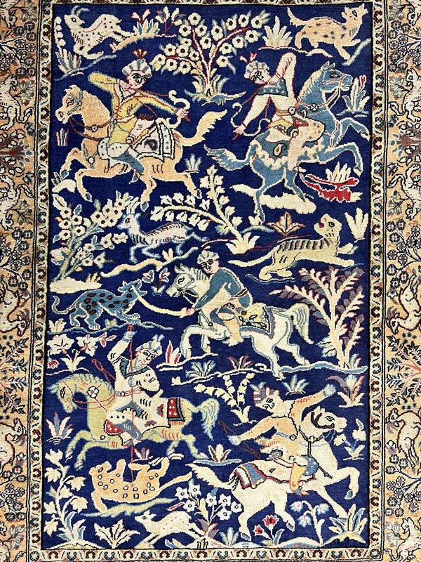 Oriental Rug 4x5 Vintage Wool Handmade Hunting Design Carpet Navy Blue & Mustard gallery