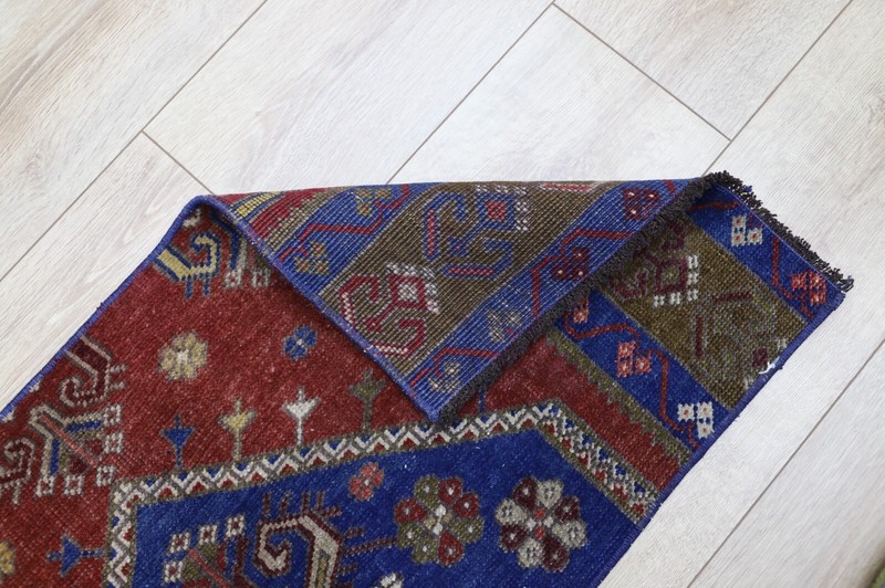 Blue Small Carpet Turkish Handwoven Oriental Cut Rug Wool Foyer Doormat 2x3ft gallery