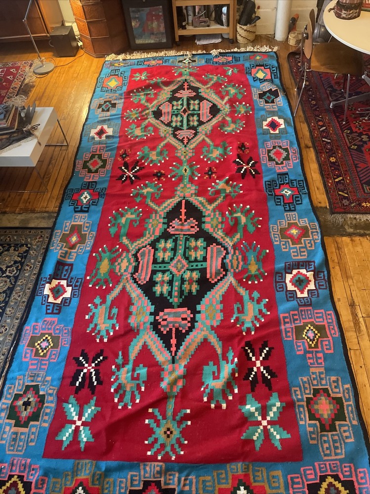 Vintage handwoven flat weave wool Tunisian art tapestry Kilim 14’x6’6” colorful