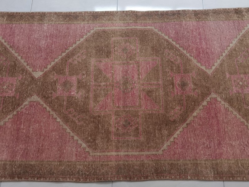 Vintage Turkish Oushak Runner 3x12 Hand Knotted Wool Pink Brown Tribal gallery