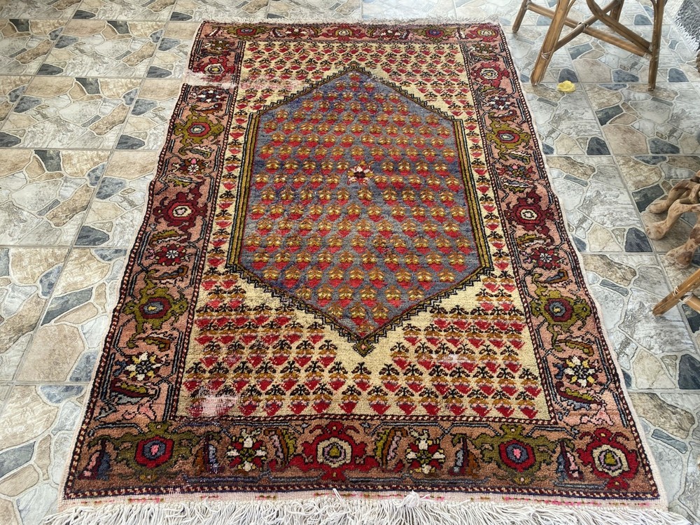1960s Geometric Turkish Vintage Area Tribal Handmade Anatolian Rug 4.5x6.8 ft