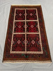 3’8×6’7 ft Vintage Afghan Baluchi Hand Knotted Geometric Panel Wool Area Rug