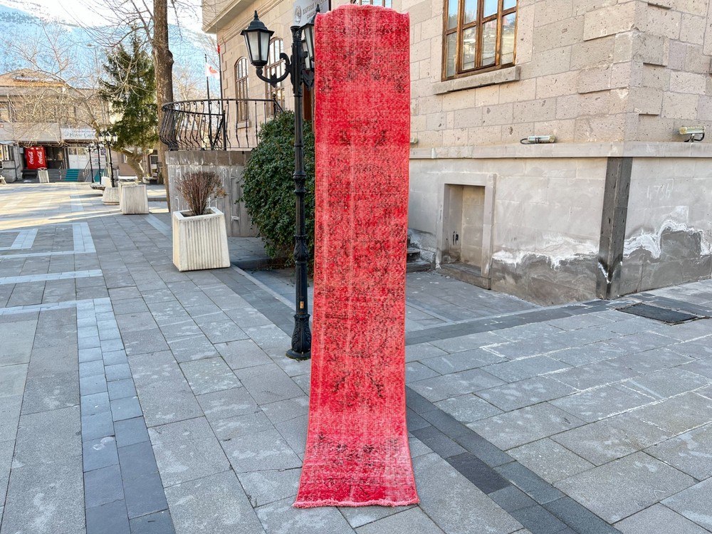 Vintage Turkish Oushak Runner Rug 1.6x9.1 ft Red Distressed Hand Knotted Wool