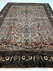 Antique Oriental Hand-Knotted Wool Area Rug Rose/Black/Blue/Green 8’8″ x 11’8″