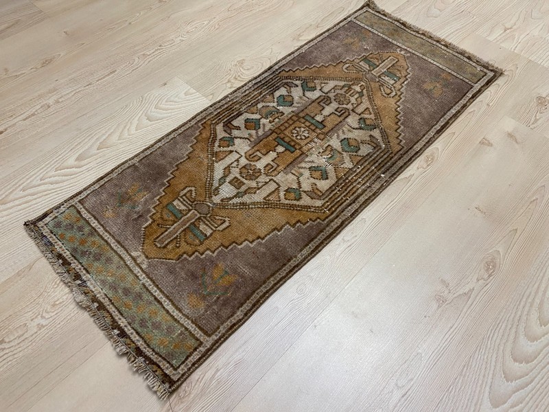 Earth Tone Diamond Medallion Carpet Vintage Turkish Small Rug 1.2x3 ft gallery
