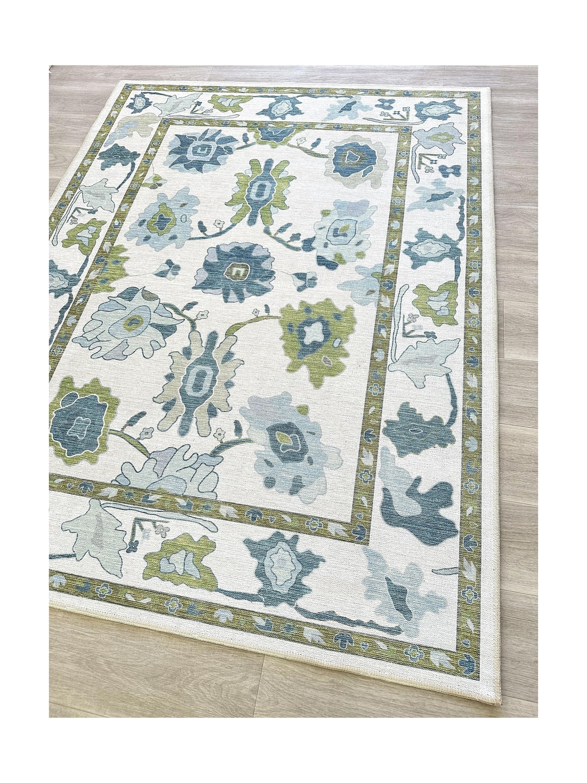 Green Oushak Rug, Modern, Vintage, Turkish, Eclectic, Floral, Pastel, Washabl... gallery