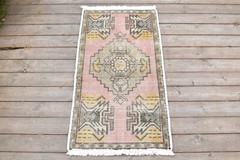 Vintage Rug 1×3 Small Carpet Doormat Hand Knotted Muted Color Wool 52x97cm