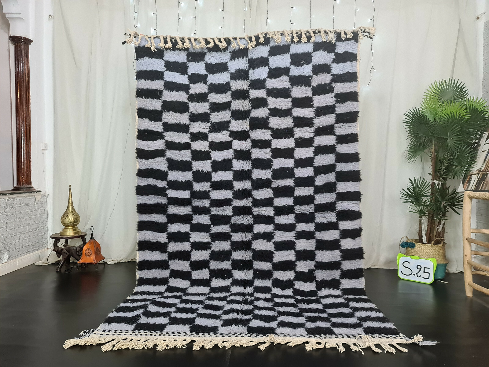 Handmade Moroccan Beni Ourain Rug 5'5"x8'1" Checkered Black Gray Berber Carpet gallery