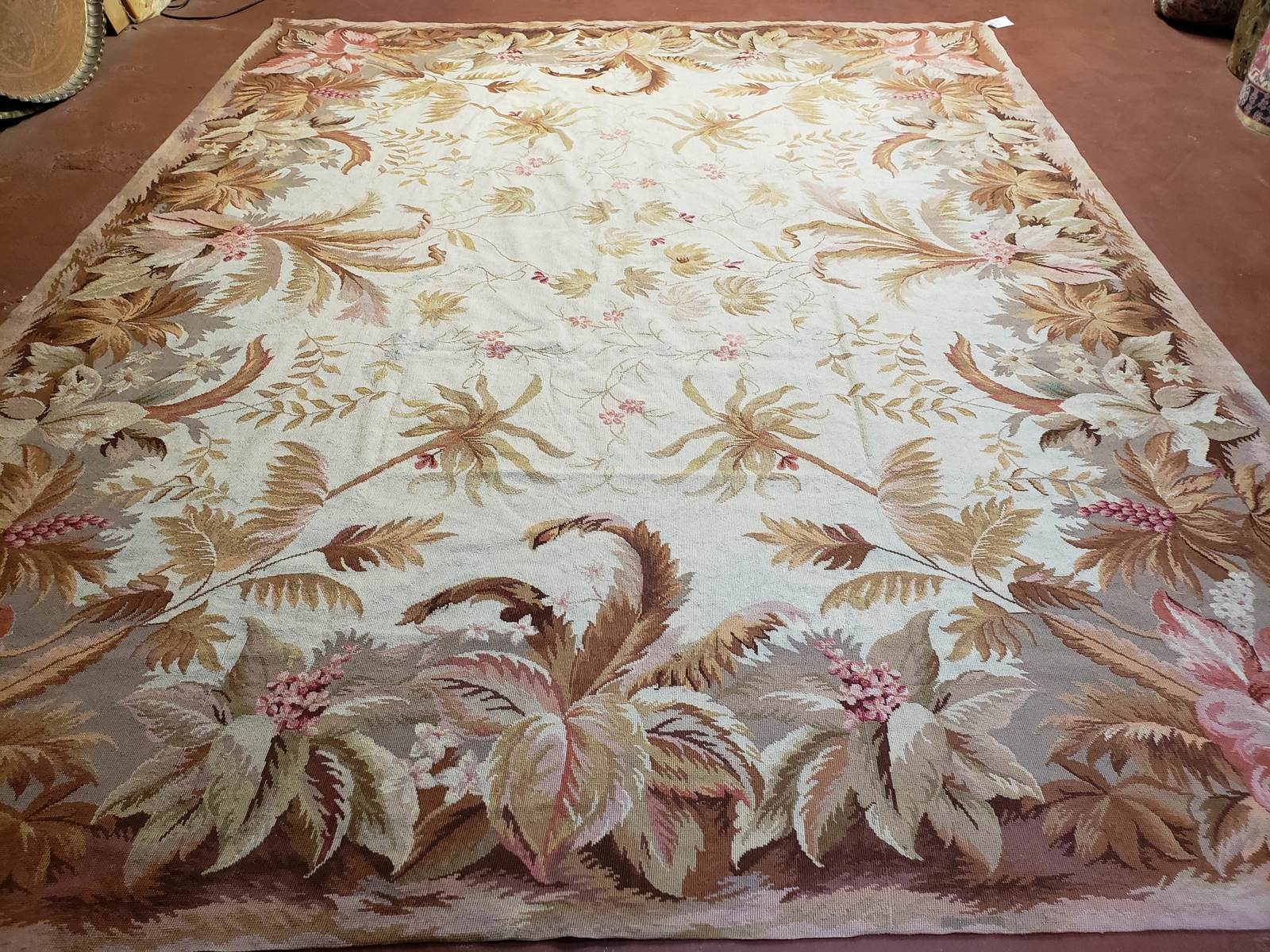 7' 7" x 9' 8" Needlepoint Rug Floral Beige Flat Weave Carpet 8x10 Handmade New gallery
