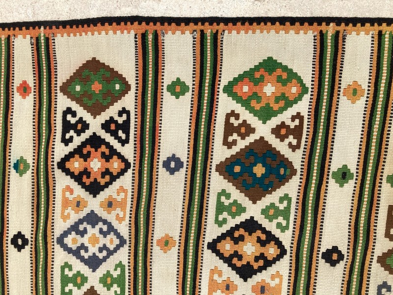 Vintage Handmade Turkish Anatolian Striped Diamond Wool Kilim Rug 241x141 cm gallery