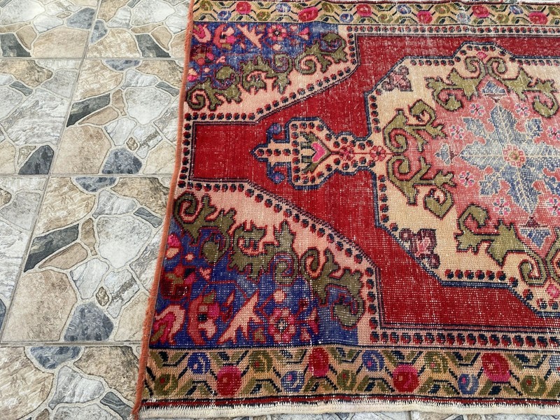Antique Vintage Turkish Oushak Rug 4x6.6 ft Hand-Knotted Wool Tribal Geometric gallery