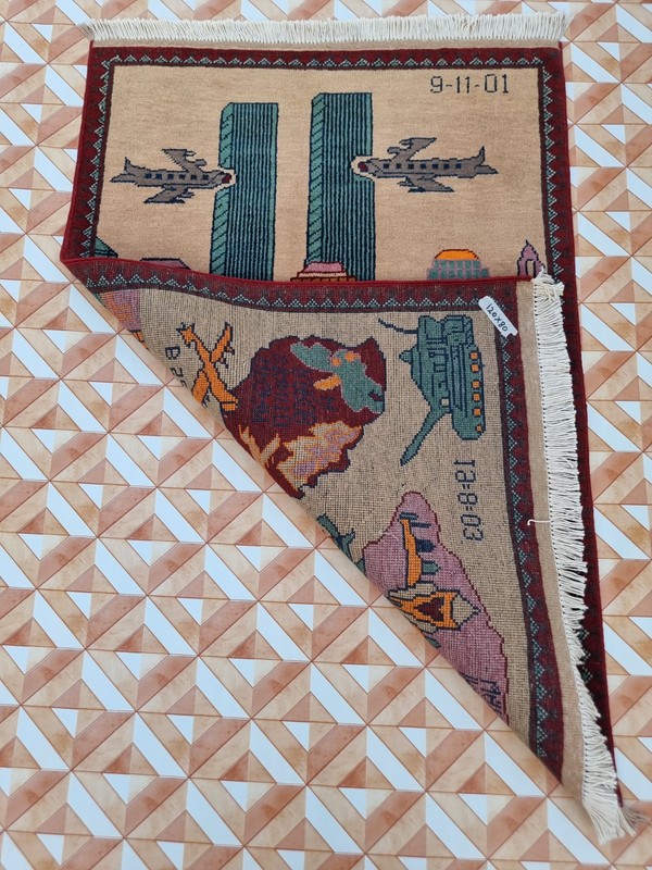 Afghan Handmade war Rug Memorial knotted Rug Carpet USA Flag 2001 Wall Hanging gallery