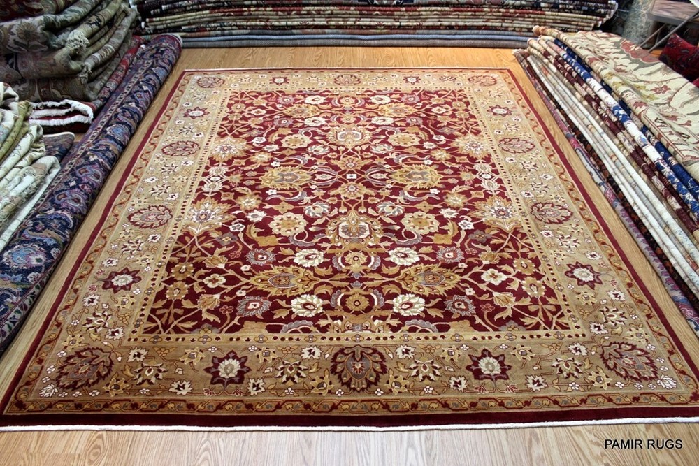 Very Fine Quality Hand Knotted 8' x 10' AGRA Dark red, gold and Beige