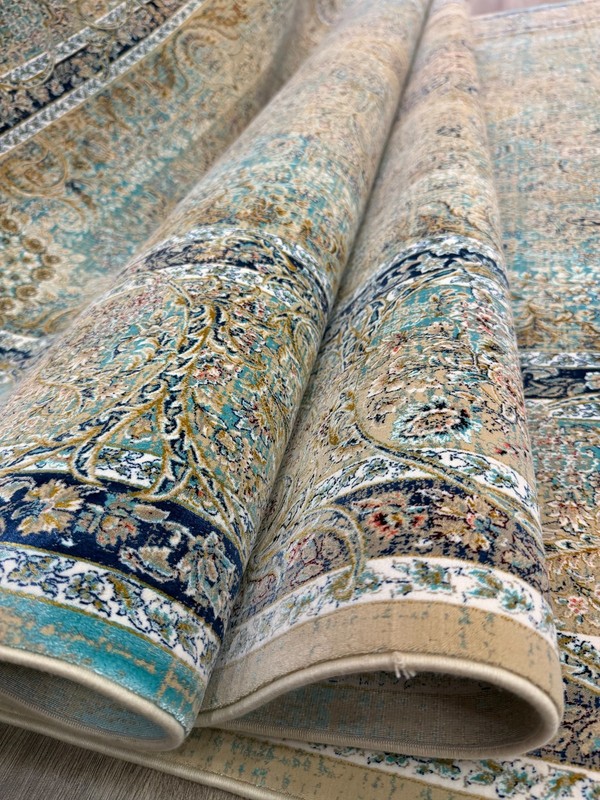 Silk Rug Machine Made Turkish Medallion Vintage Beige Blue Luxury 10x14 Ft Rug gallery