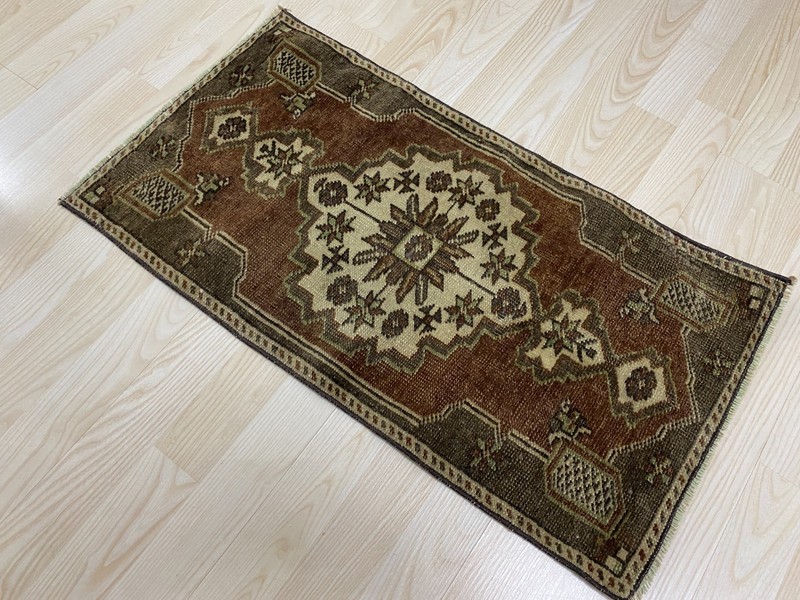 Antique Turkish Rug 1.3x2.5 ft Vintage Brown Cream Star Medallion Wool Boho Mat gallery