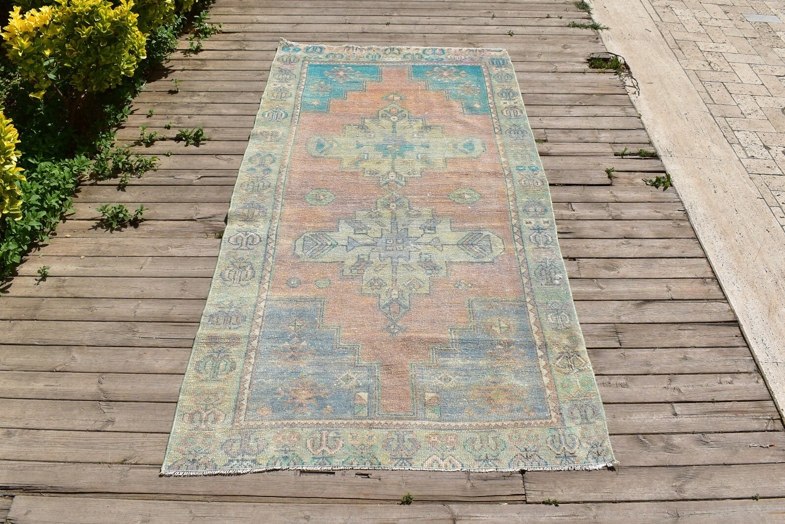 Turkish Rug 43''x85'' Vintage Tribal Rug Blue Oushak Carpet 110x218cm 3x7 gallery