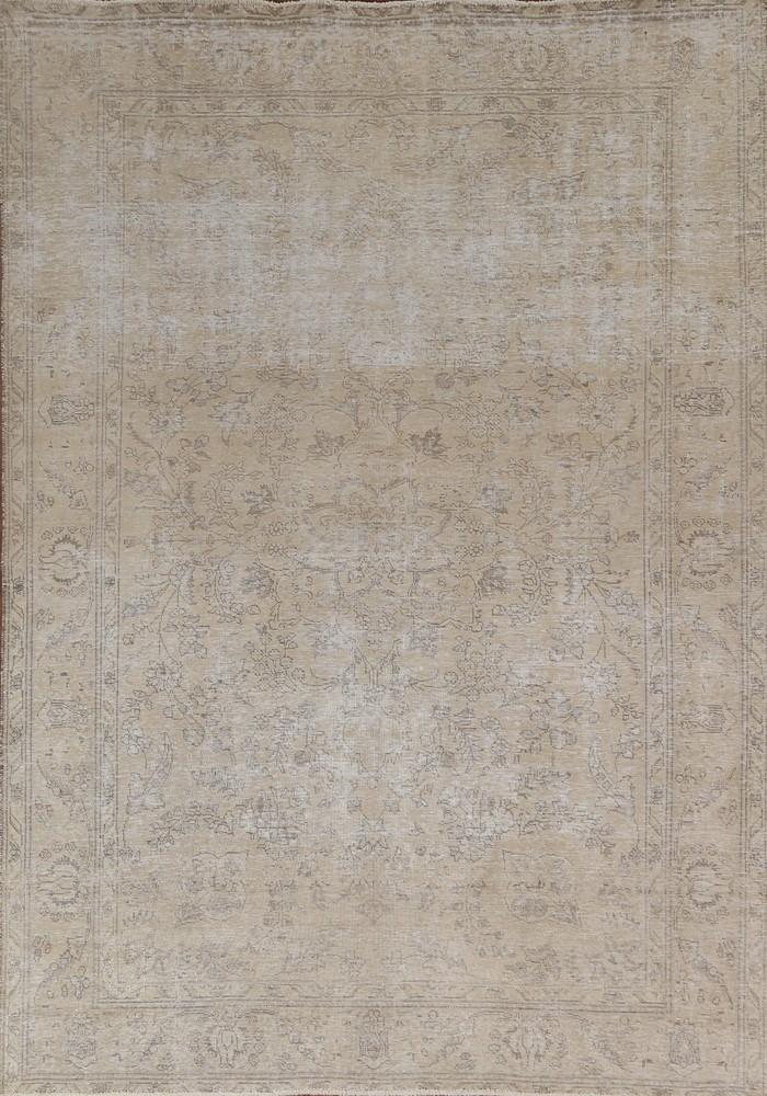 Distressed Floral Area Rug 7x9 Ft Handmade Beige Wool Carpet Floral Vintage Rug