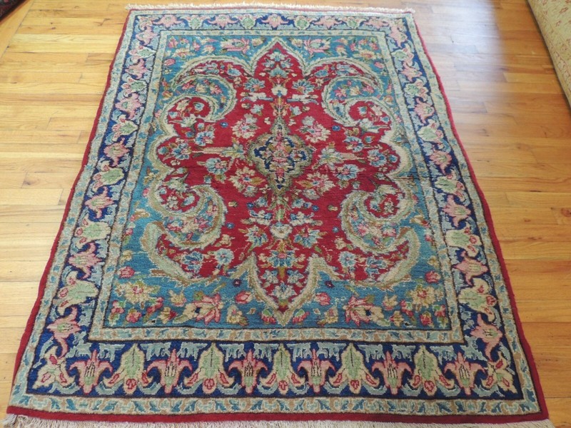 Antique 4x6 Kermaan Oriental Area Rug Red Blue fleur de lis design wool plush gallery