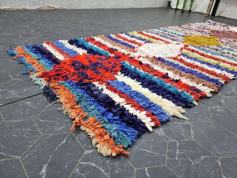 Moroccan Handmade Vintage Boucherouite 3'3"x8'7" Geometric Blue Cotton Area Rug gallery