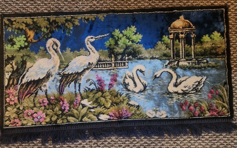 Vintage Tapestry Velvet Rug with Swans and Cranes 37"×21" gallery