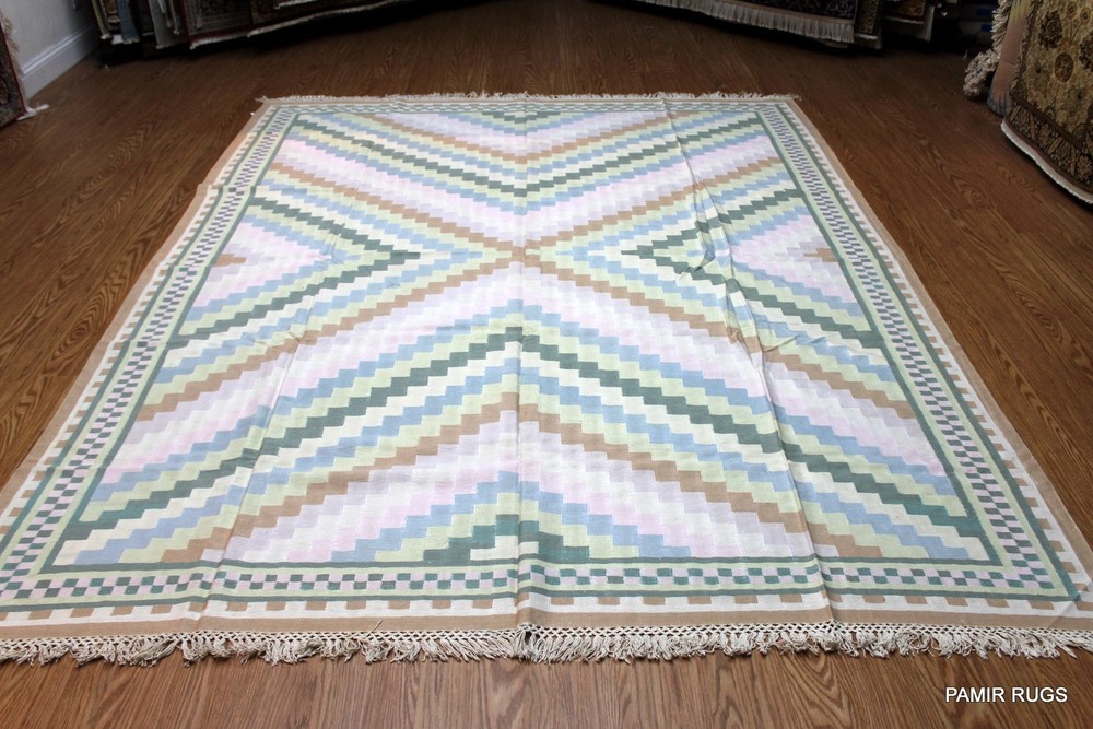 SOUTHWESTERN STYLE Hand made 8X10 WOVEN LIGHT BLUE BEIGE & KHAKI Navajo design