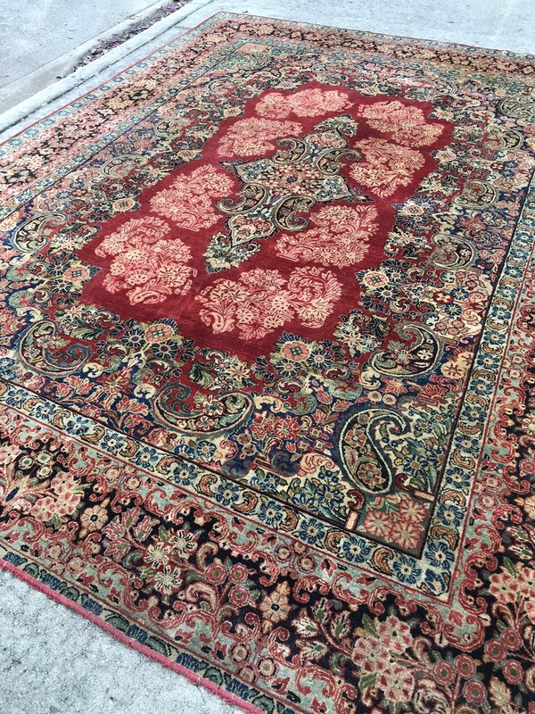 Antique Kirman Oriental Rug 11’8” X 8’8”Rare Design Handmade Pink Carnations gallery
