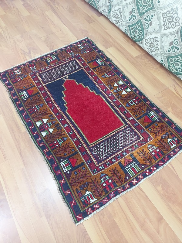 Antique Brown Prayer Rug Geometric Pictorial Vintage Turkish Decor Natural Rug gallery