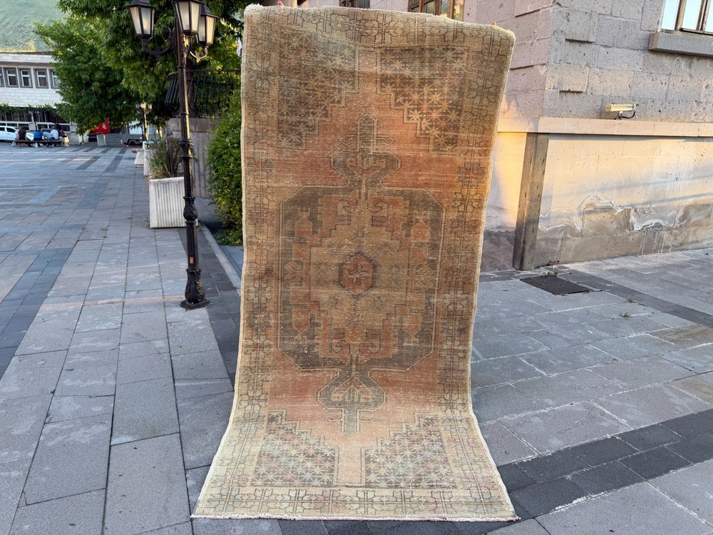 Vintage Oushak Rug 4.2x9 ft Beige Taupe Turkish Rug Distressed Wool Carpet
