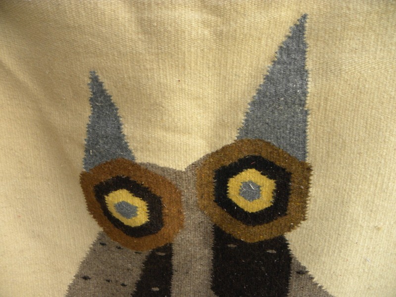 A Handwoven Wool Hanging/ Accent Rug Decorated W/ A Modernistic Owl Image gallery
