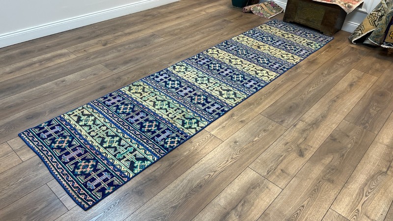 Patchwork Blue Runner Rug, Kitchen Rug, Hallway Rug, 2.6 x 10.8 ft gallery