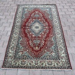 4×6 ft Burgundy Vintage Turkish Wool Rug With Blue Floral Border – Tariff Free