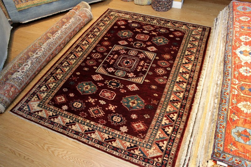 _KAZAK_RUG_HAND-MADE_7 X 9 FT. HAND-KNOTTED-100% WOOL Maroon dark red teal color gallery