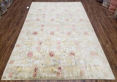 Modern Tibetan Rug 6×9 Wool and Silk Handmade Flowers Contemporary Soft Tan Nice